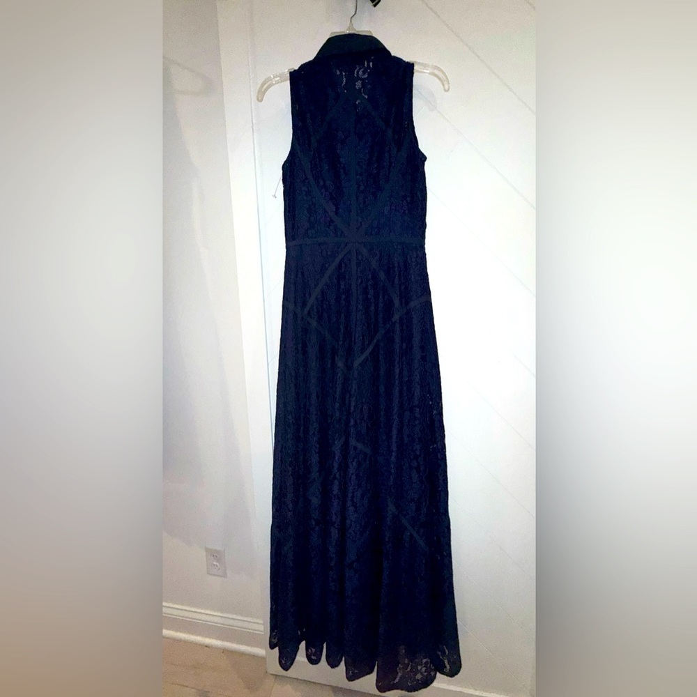 Aidan Mattox sz 4 twilight blue floor length lace gown dress buttons collar $700 - Picture 3 of 16